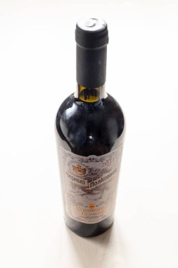 MOSCOW, RUSSIA - JUNE 10, 2021: bottle of sweet fortified wine Black Colonel (Chernyy Polkovnik) from Sun Valley crimean winery. The history of the winery began in 1888