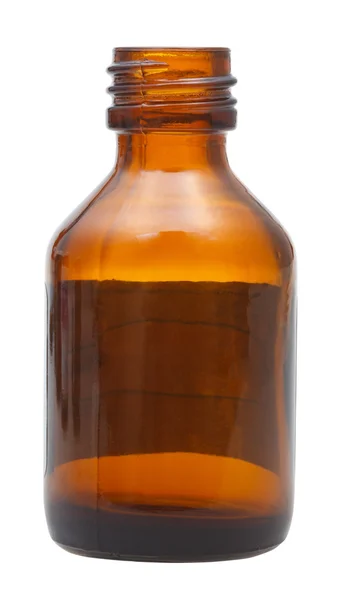 Boční pohled na otevřené hnědé láhvi lékárna — Stock fotografie
