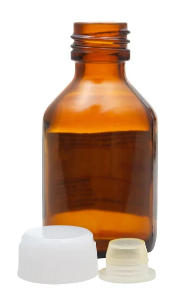 Vista laterale della bottiglia vuota della farmacia di vetro ambrato — Foto Stock