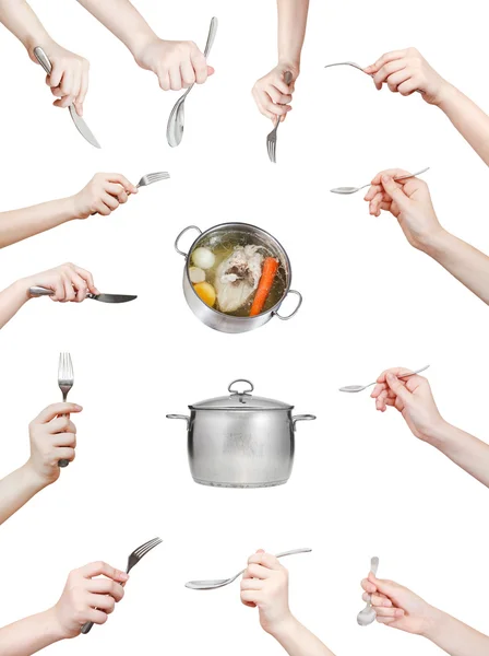 Set van hand met keuken gebruiksvoorwerp geïsoleerd op wit — Stockfoto