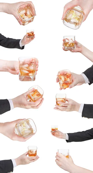 Set de whisky con vaso de hielo en la mano — Foto de Stock