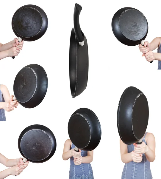 Set of woman with frying pan close up — Stock Photo, Image