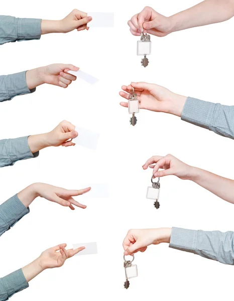 Set of hand with blank keyring and card — Stock Photo, Image