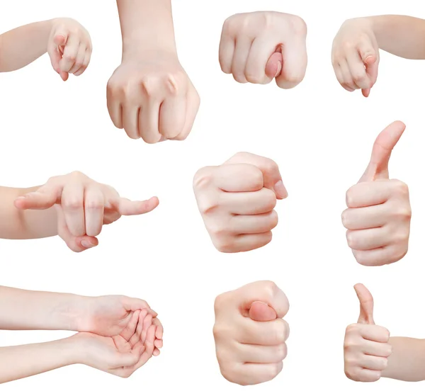 Zestaw przedni widok gest ręki na białym tle — Zdjęcie stockowe