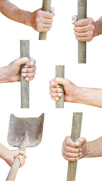 Набор рабочих рук держит старую лопату — стоковое фото