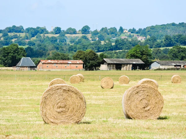 Rotoli di villaggio e pagliaio sul campo in Normandia — Foto Stock