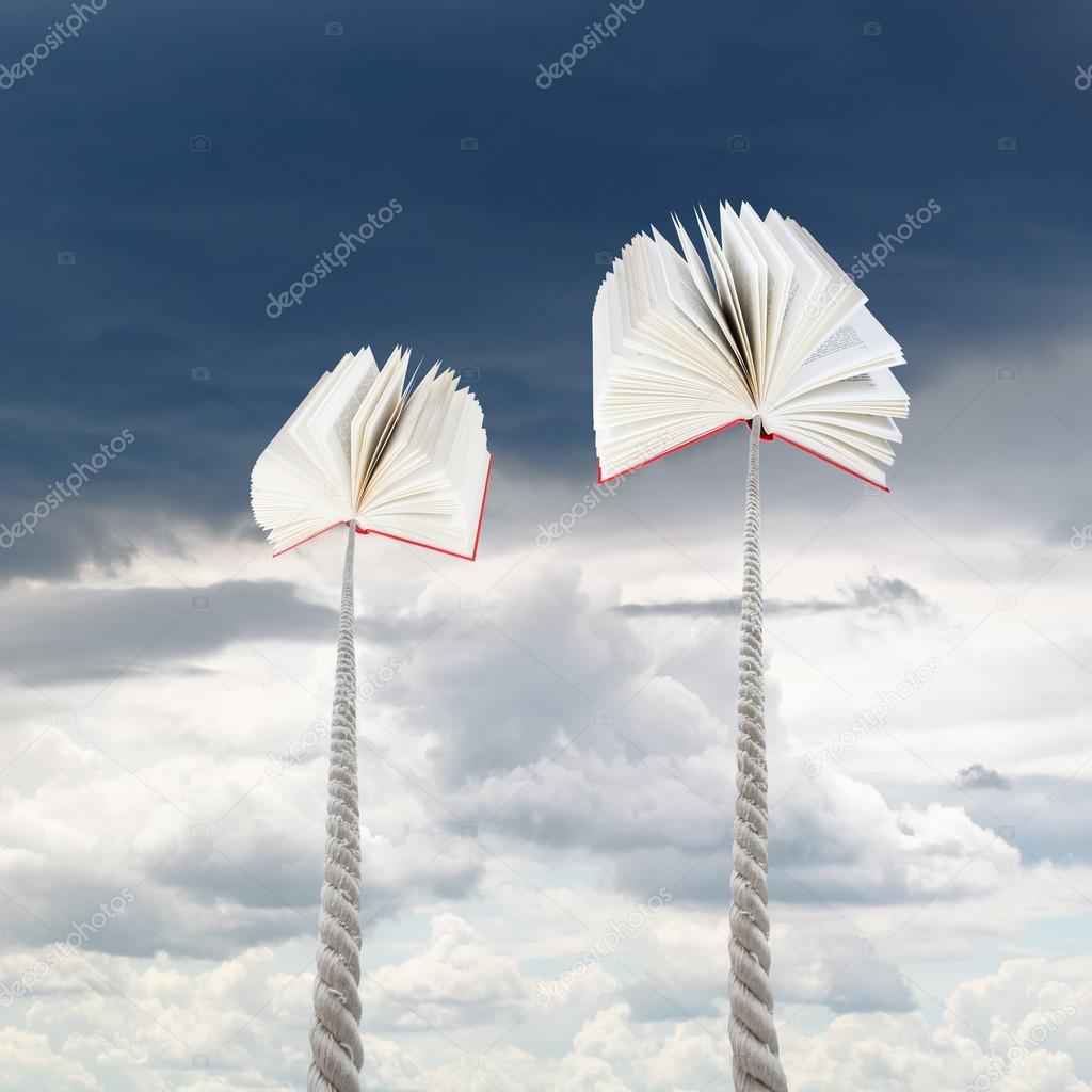 books tied on ropes soars into rainy sky