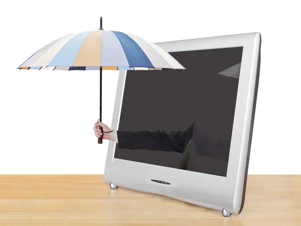 Hand with umbrella pops out of TV screen — Stock Photo, Image