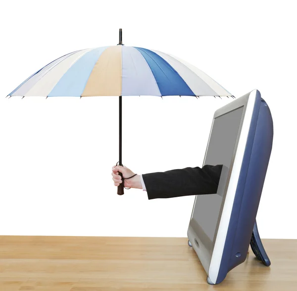 Arm with umbrella pops out TV screen — Stock Photo, Image