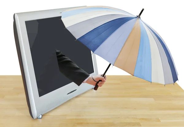 Arm with striped umbrella leans out TV screen — Stock Photo, Image