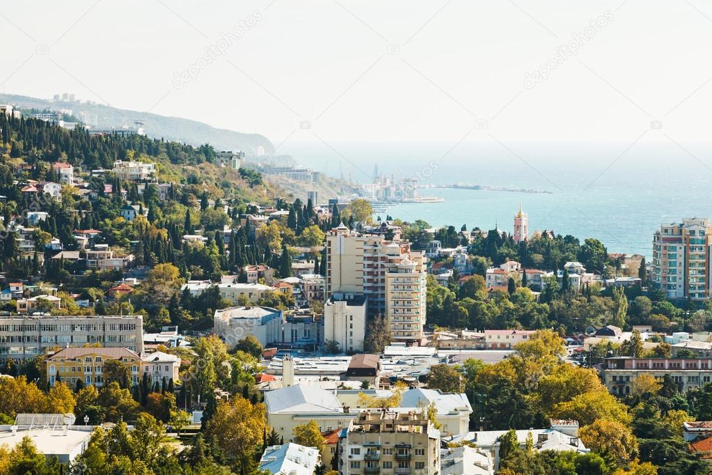 view of Yalta city and Black Sea coastline