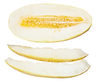 two slices and half Uzbek-Russian Melon isolated clipart