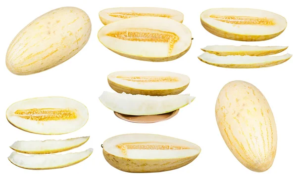 Reihe von in Scheiben geschnittenen usbekisch-russischen Melonen isoliert — Stockfoto
