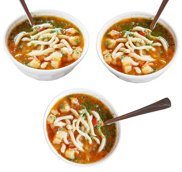 Three bowls with laghman soup isolated — Stock Image Three bowls with laghman soup isolated Stock Image