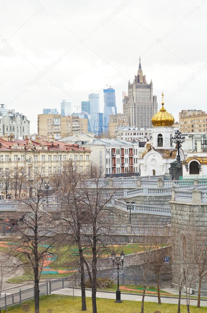 Moscow cityscape with church, city and skyscraper