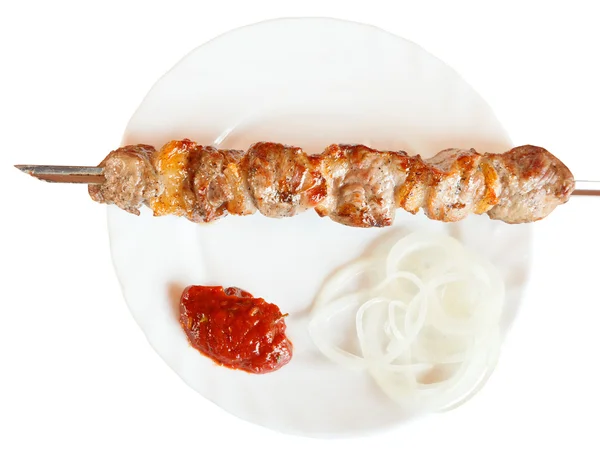 Top view of skewer with lamb shish kebab isolated — Stock Photo, Image