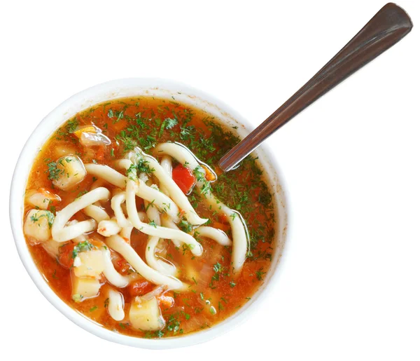 Laghman soup in white bowl isolated — Stock Image Laghman soup in white bowl isolated Royalty Free Stock Photos