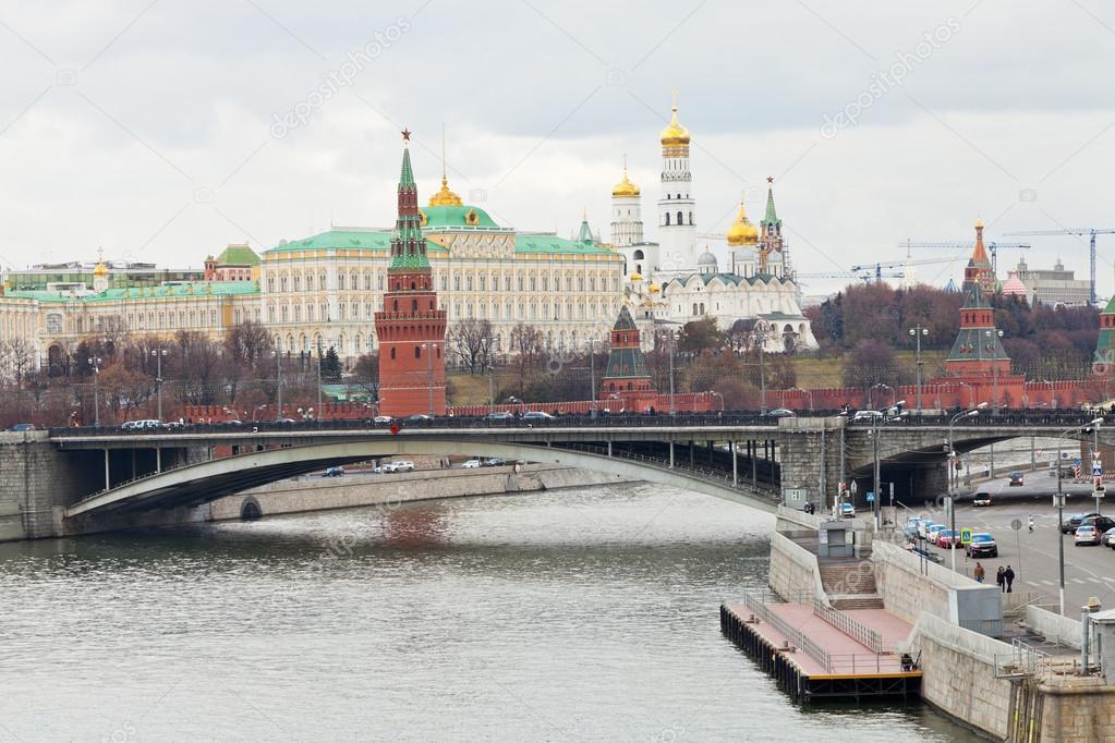 Bridge on River and Kremlin in Moscow in autumn