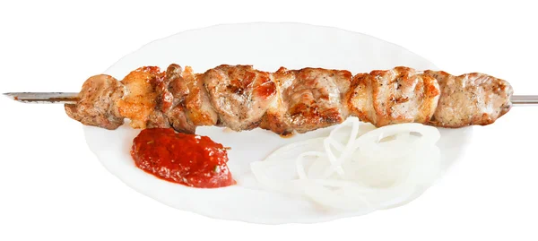 One lamb shish kebab on white plate isolated — Stock Photo, Image