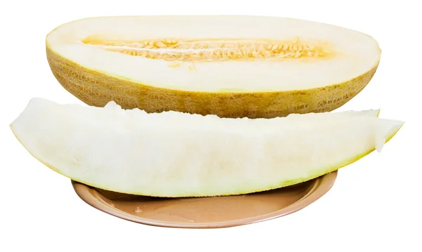 Two slices and half of Uzbek-Russian Melon on plate — Stock Photo, Image