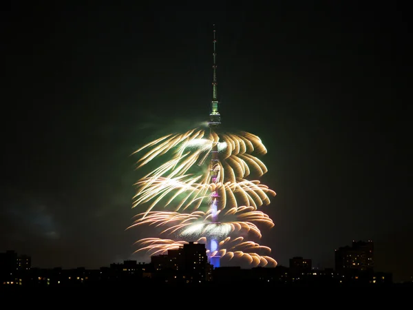 Fireworks around Ostankino TV Tower in Moscow — Stock Photo, Image