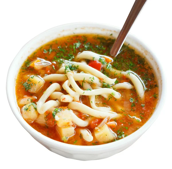 Lagman soup in white bowl isolated — Stock Image Lagman soup in white bowl isolated Royalty Free Stock Photos