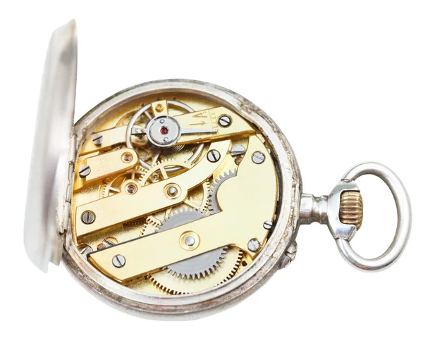 Bovenaanzicht van messing uurwerk van retro zilveren horloge — Stockfoto