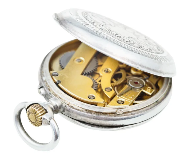 Aperto vintage orologio da tasca in argento isolato su bianco — Foto Stock
