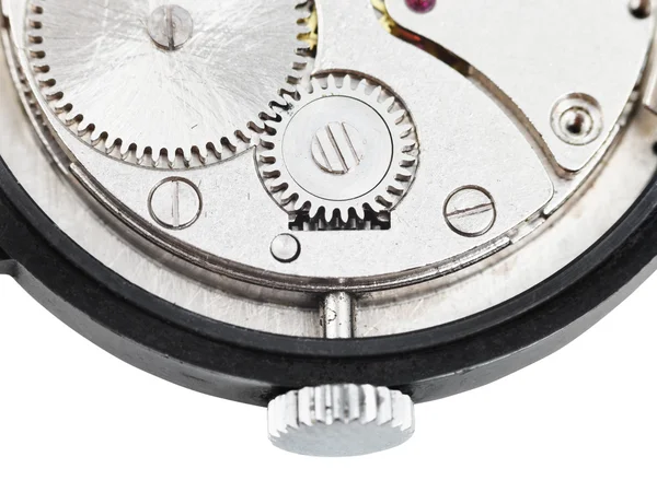 Lato posteriore del vecchio orologio da polso aperto isolato su bianco — Foto Stock