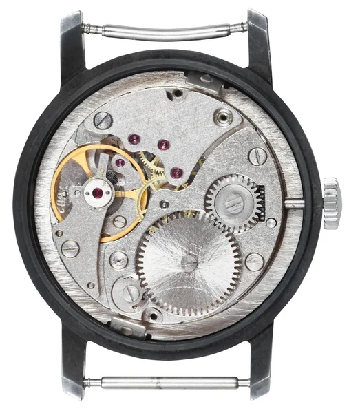 Steel clockwork of old wristwatch isolated — Stock Photo, Image