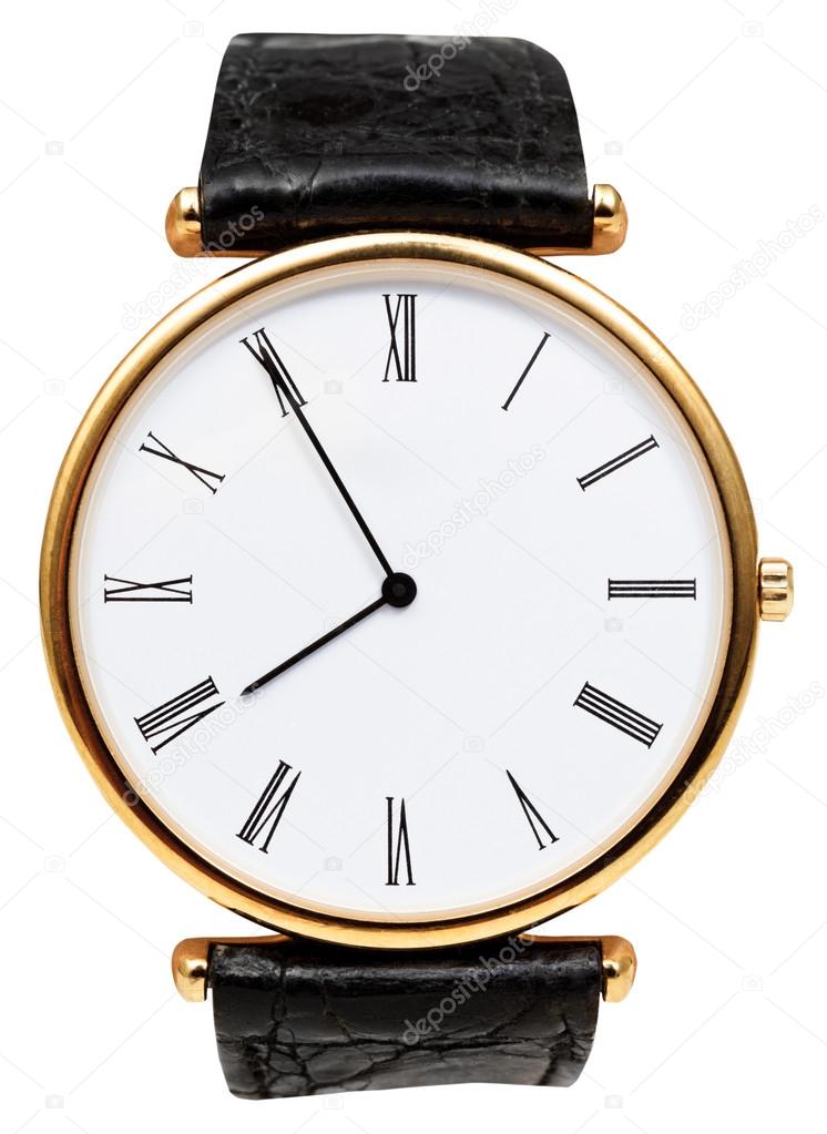 five minutes to eight o'clock on dial wristwatch