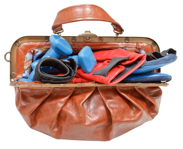 Bolso para damas con guantes de boxeo y mancuernas — Foto de Stock