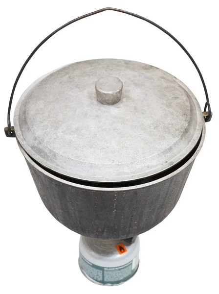 Nad zobrazením kemp ukoptěné hrnec na plynový hořák — Stock fotografie