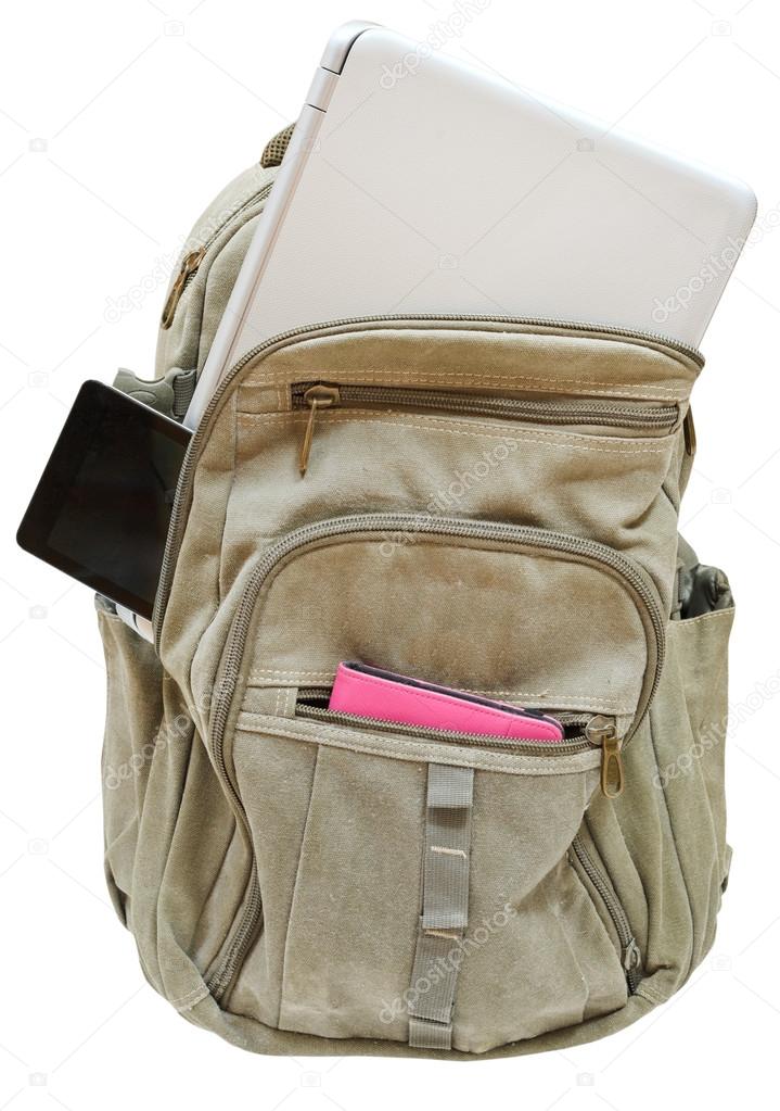 travel back pack with mobile devices isolated
