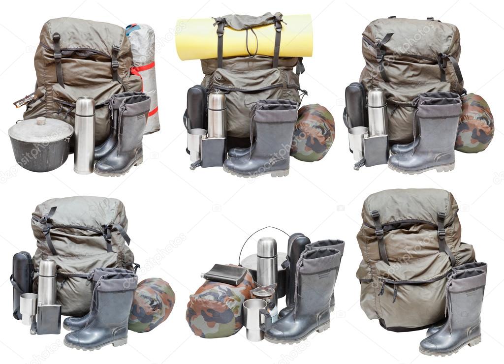 different sets of camping equipment isolated