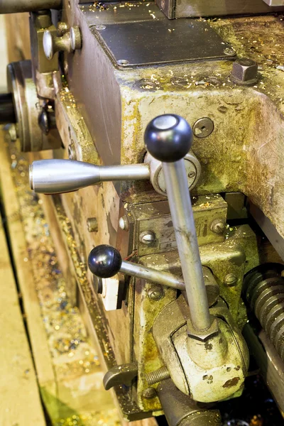 Handles of metal lathe machine close up — Stock Photo, Image