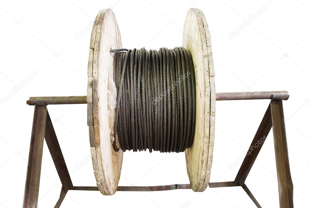 industrial wooden reel with steel rope isolated