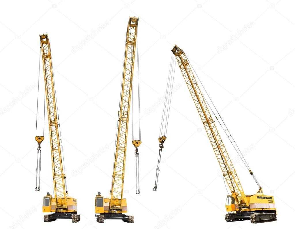 set of construction yellow crawler cranes isolated