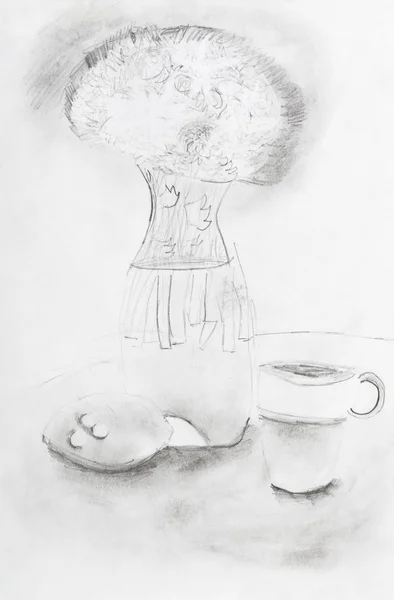 Child's drawing - still life with vase of flowers — Stock Photo, Image