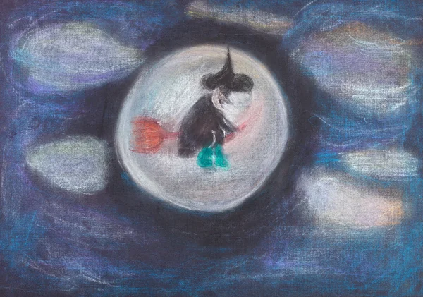 Latająca wiedźma na miotle w ciemne niebo — Zdjęcie stockowe
