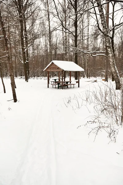 Neve coberta pavilhão de madeira no parque urbano — Fotografia de Stock