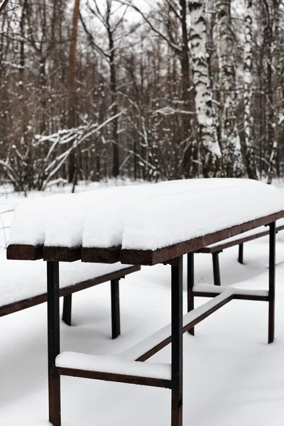 Mesa cubierta de nieve en parque de la ciudad —  Fotos de Stock