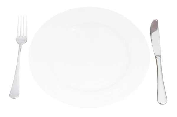 Placa blanca con tenedor y cuchillo aislados —  Fotos de Stock