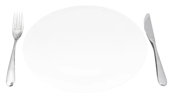Tomma vita platta med gaffel och kniv — Stockfoto