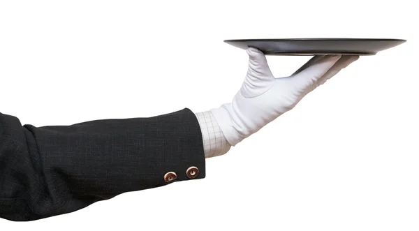 Вид збоку руки в білій рукавичці з чорною тарілкою — стокове фото