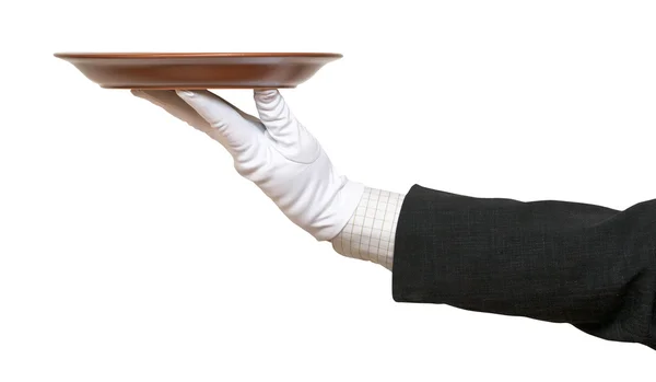 Side view of arm in white glove with brown plate — Stock Photo, Image