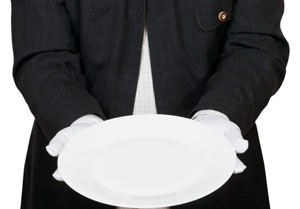 Front view of empty white plate in hands in gloves — Stock Photo, Image