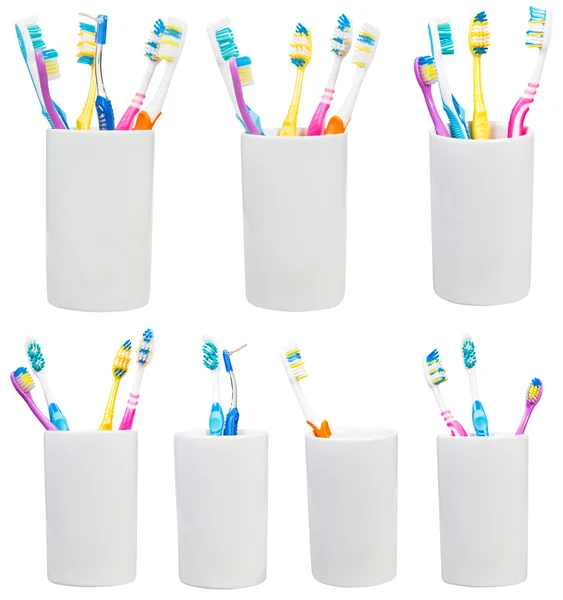 Collection of tooth brushes in ceramic glases — Stock Photo, Image