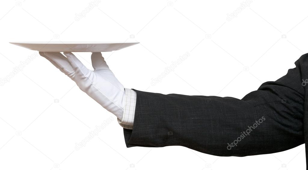 side view of hand in white glove with white plate