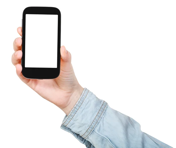 Mână în cămașă ținând telefonul inteligent izolat — Fotografie, imagine de stoc